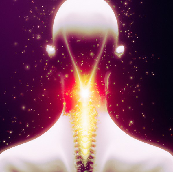 Representación de arte digital de una figura humana con un cuello brillante que simboliza el alivio del dolor cervical